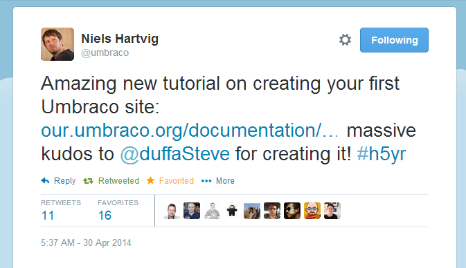 Niels Hartvig of Umbraco tweets the go-live of my documentation!