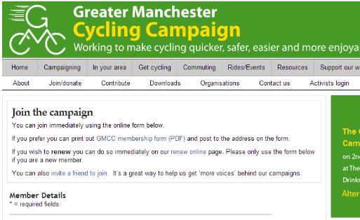 Greater Manchester Cycling Campaign - built the membership registration and payment pages