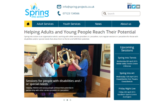 Spring Into Action - accessible, fully responsive website Umbraco v7. Full front end, site structure and content advice, design work to meet accessibility standards. Site has been designed using Scope and Mencap as example sites (though enhancing these with a fully responsive site) I am currently building a site which aims to be both accessible and professional looking with a target audience of both adults and children with special needs and potential project sponsors.